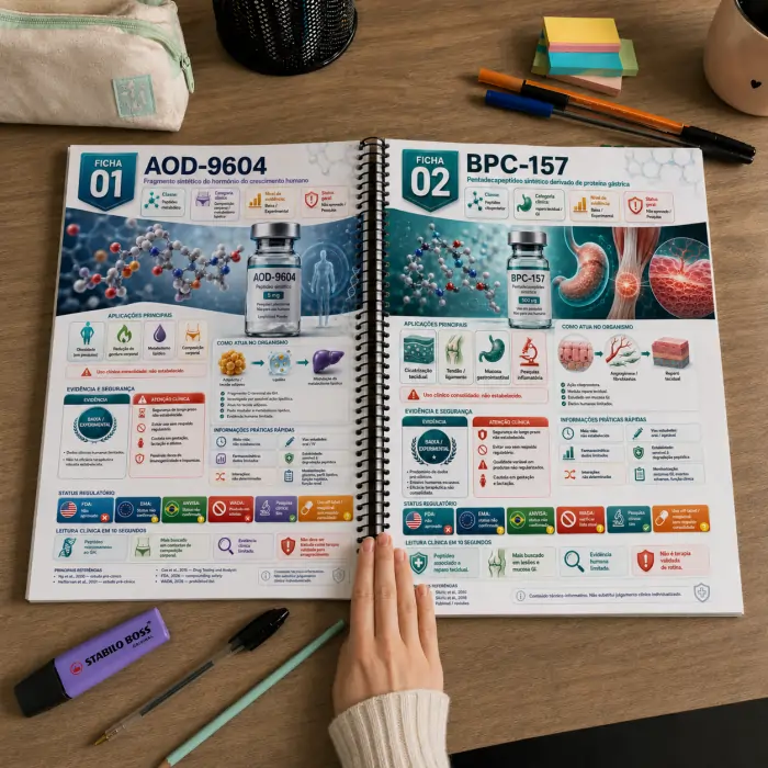 Caderno aberto com fichas clínicas de peptídeos